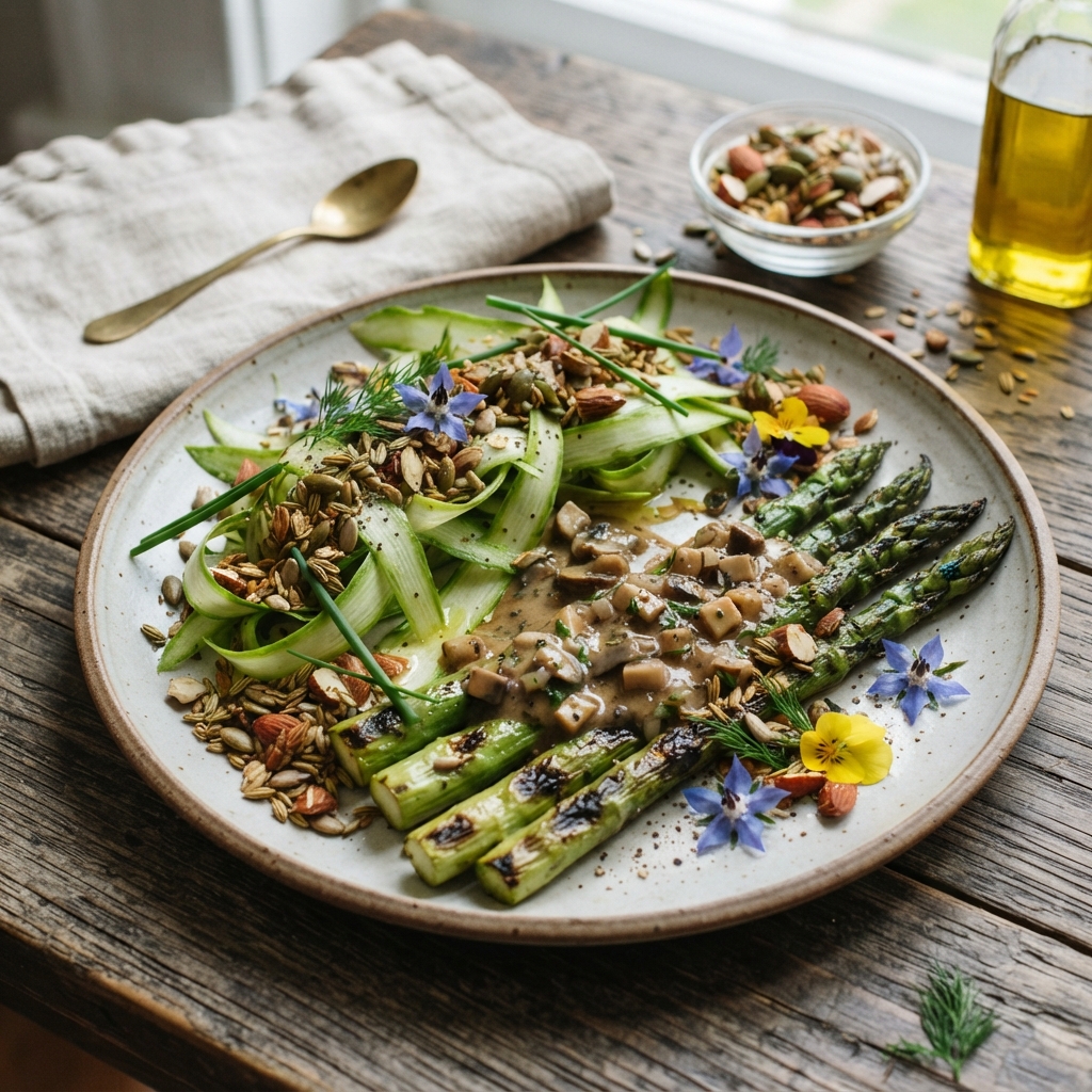 Asperges dualité grillée-crue, vinaigrette aux champignons de Paris et granola croquant de graines de fenouil