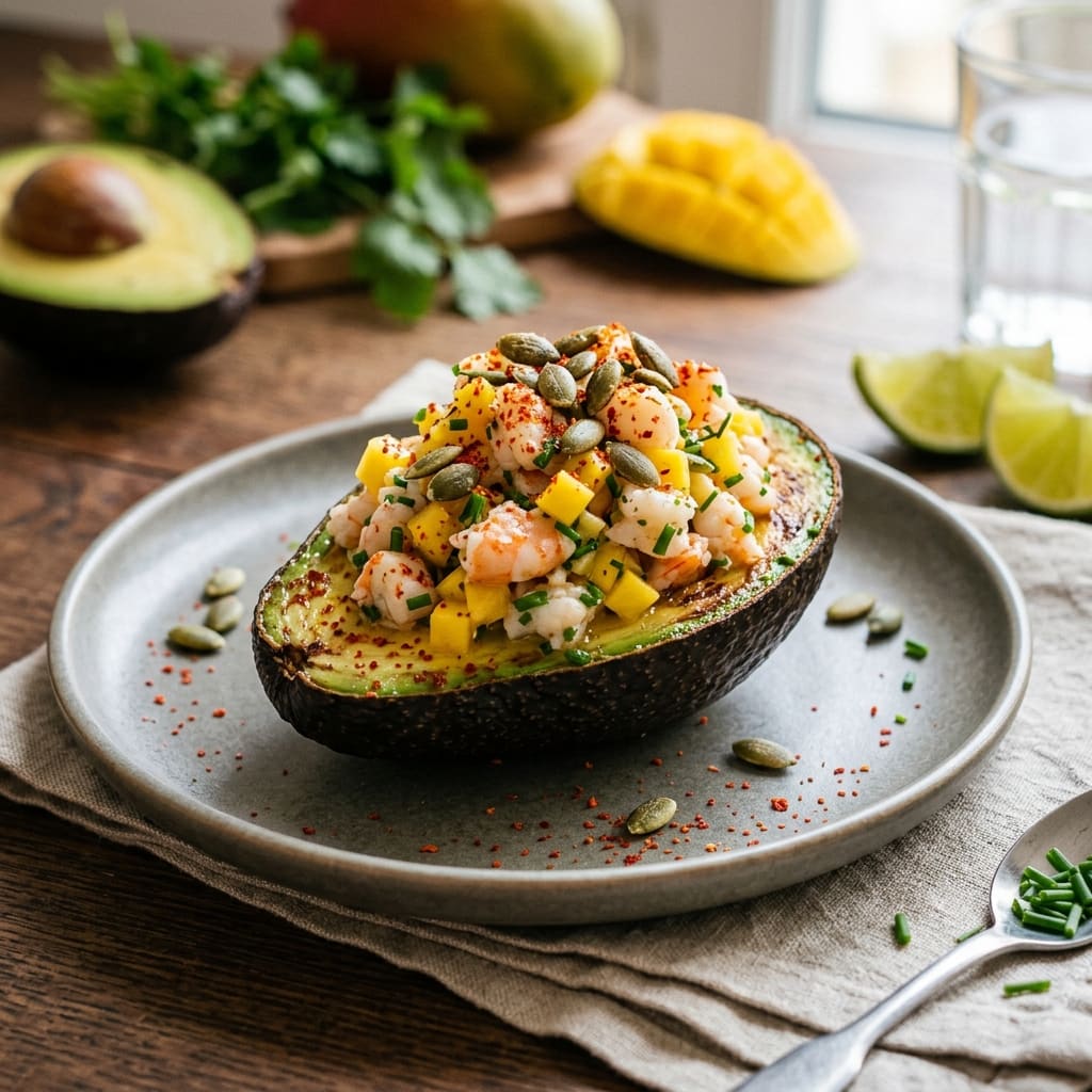 Avocat rôti aux épices douces, tartare de crevettes acidulé et brunoise de mangue fraîche