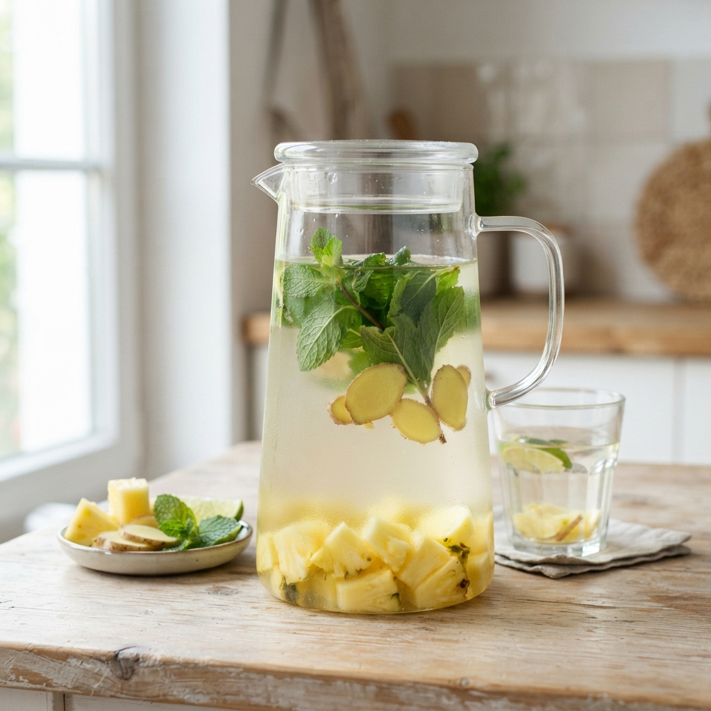 Boisson détox à l'infusion d'ananas, menthe et jus de citron vert