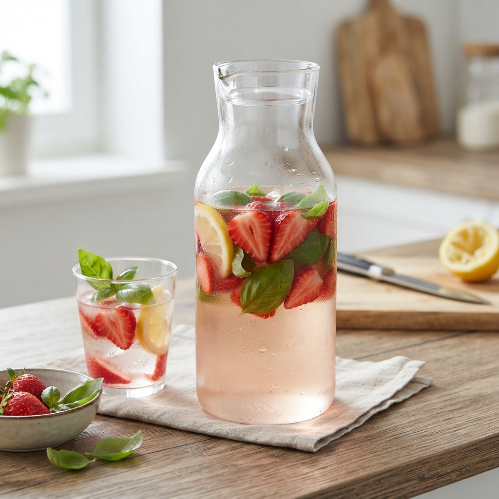 Boisson infusée fraise, basilic et citron