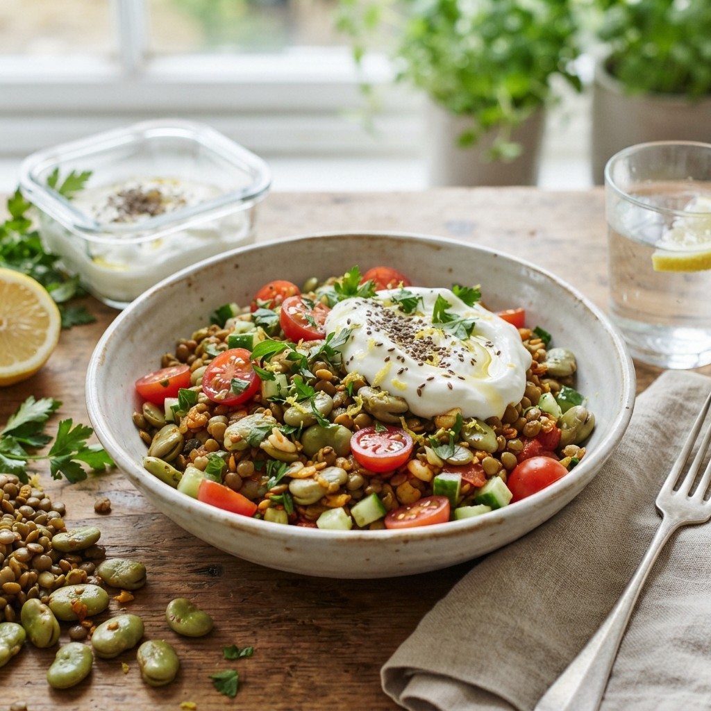 Bol croquant de fèves et lentilles au citron, yaourt grec et herbes fraîches