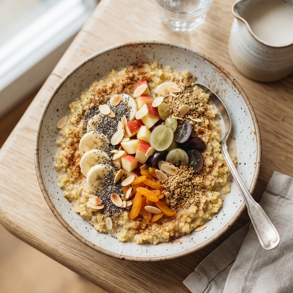 Bol de millet avec des raisins et rondelles de banane