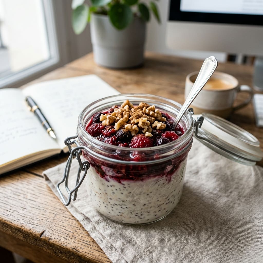 Bol de skyr, fruits rouges tièdes, noix et graines de chia