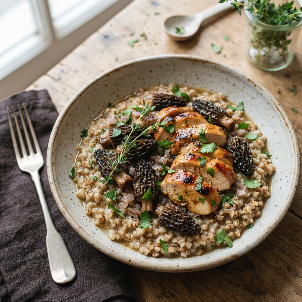 Bols de Sarrasin Nacré aux Morilles d'Automne et Émincé de Volaille Glacé au Miso Blanc