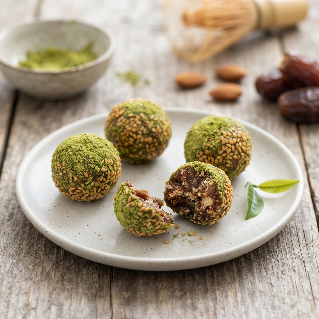 Bouchées Végétales Amandes, Dattes, Protéines de Chanvre et Thé Matcha