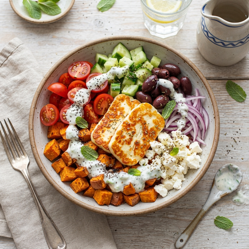 Bowl Grec au Halloumi Grillé et Feta