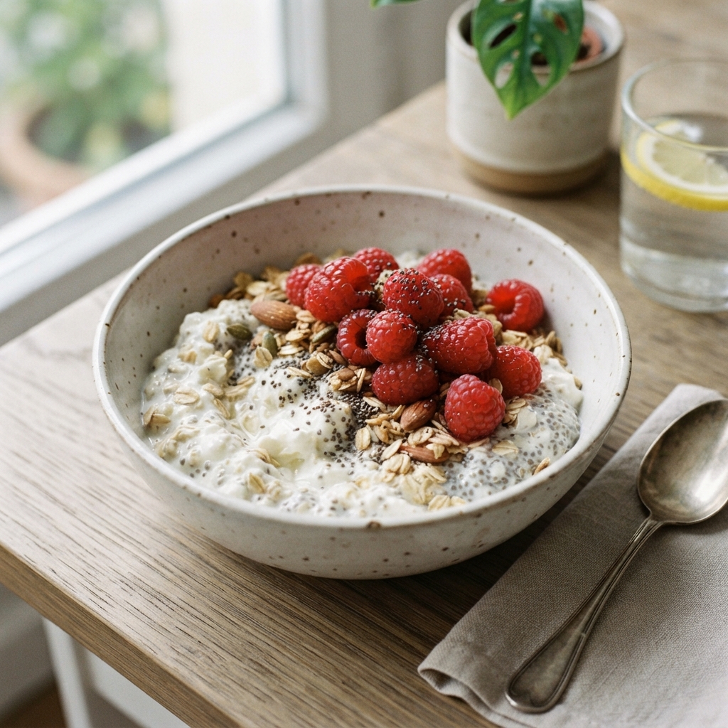 Bowl lacté avoine, chia & framboises