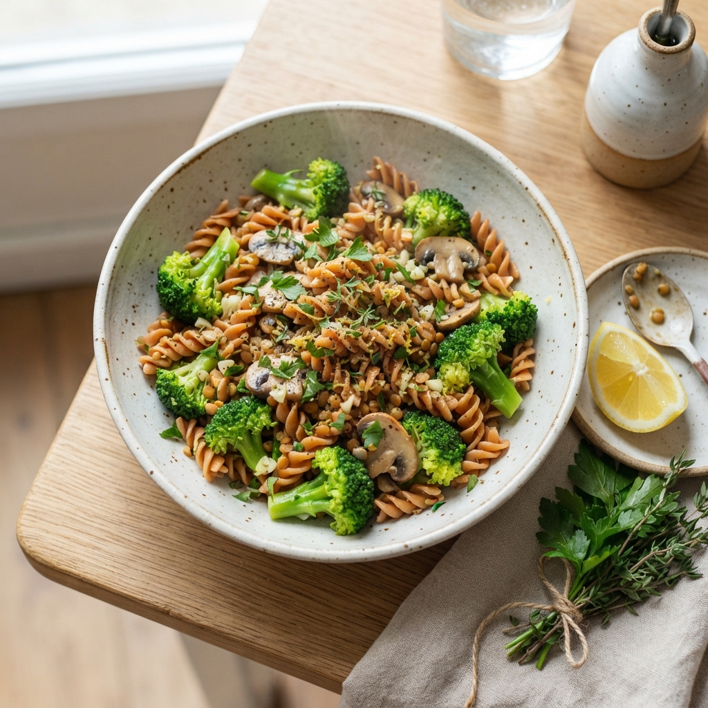 Brocoli et pâtes de lentille au citron