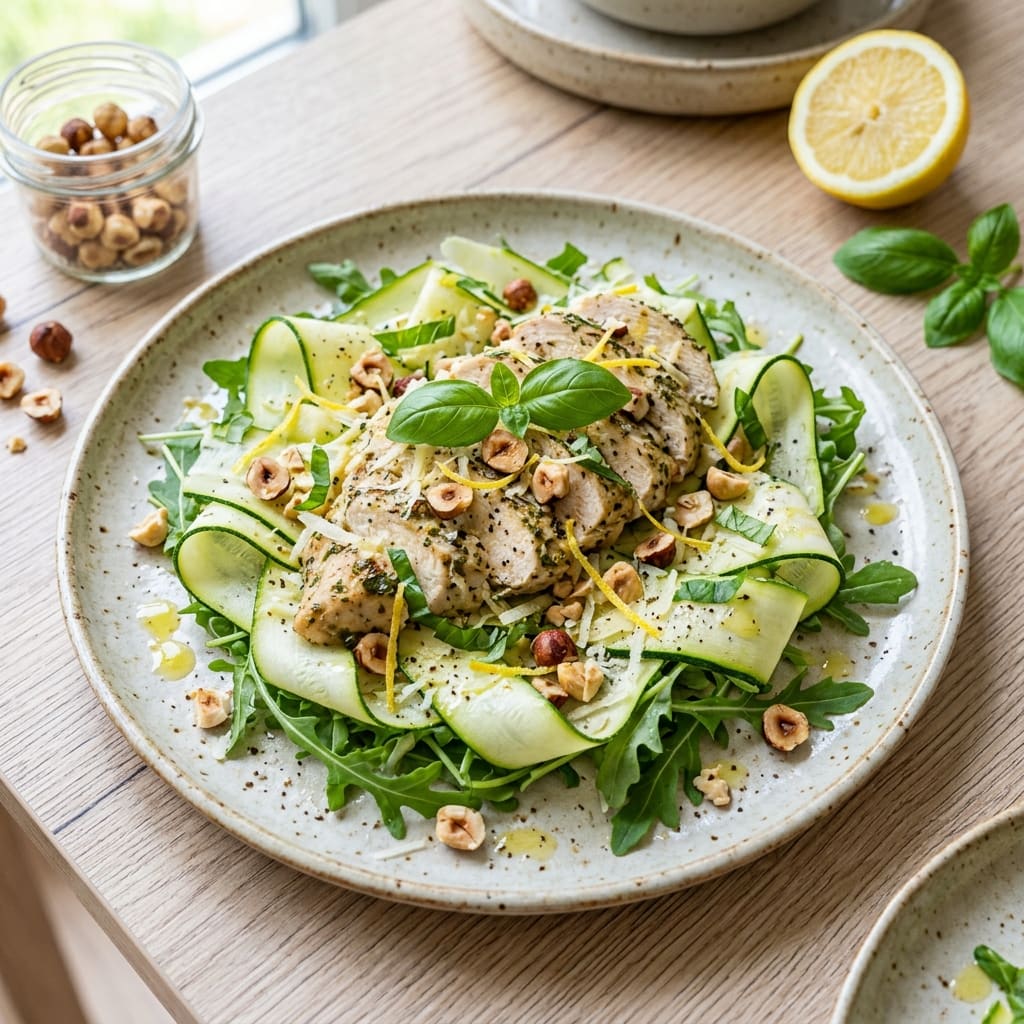 Carpaccio de courgettes au citron, poulet mariné au basilic et noisettes torréfiées