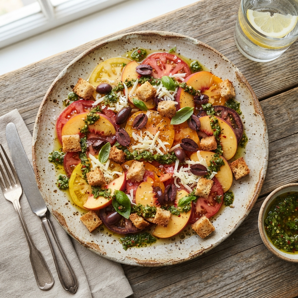 Carpaccio de Tomates Anciennes et Pêches au Naturel, Effiloché de Mozzarella Légère et Pesto Vert et Piquant