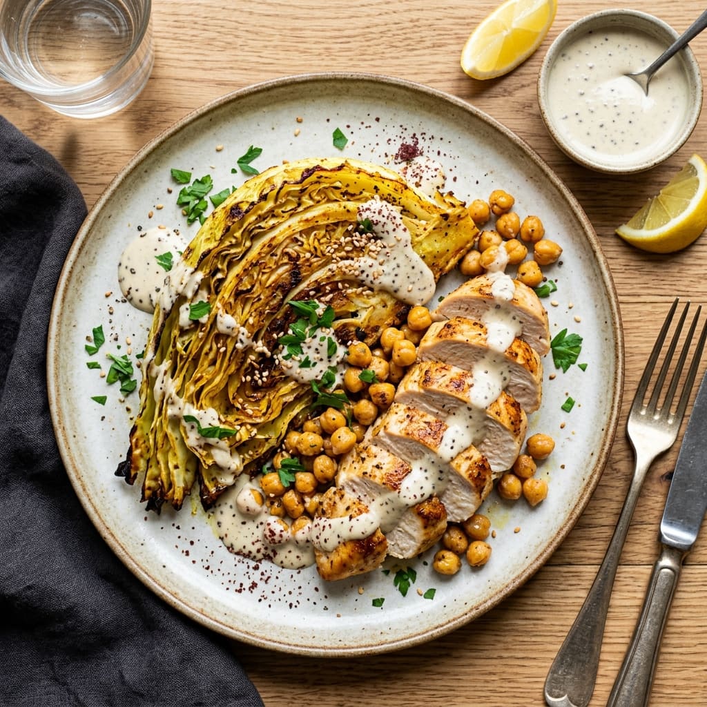 Chou pointu rôti aux épices douces, filet de poulet poêlé, sauce citron & tahini