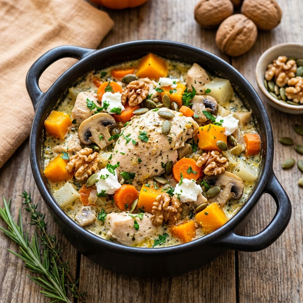 Cocotte d'automne fondante au poulet, sauce crémée au chèvre frais et éclats de noix