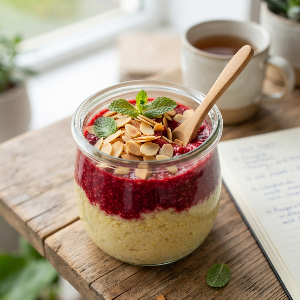 Crème de Millet au Lait d'Amande, Coulis de Framboises et Éclats Torréfiés