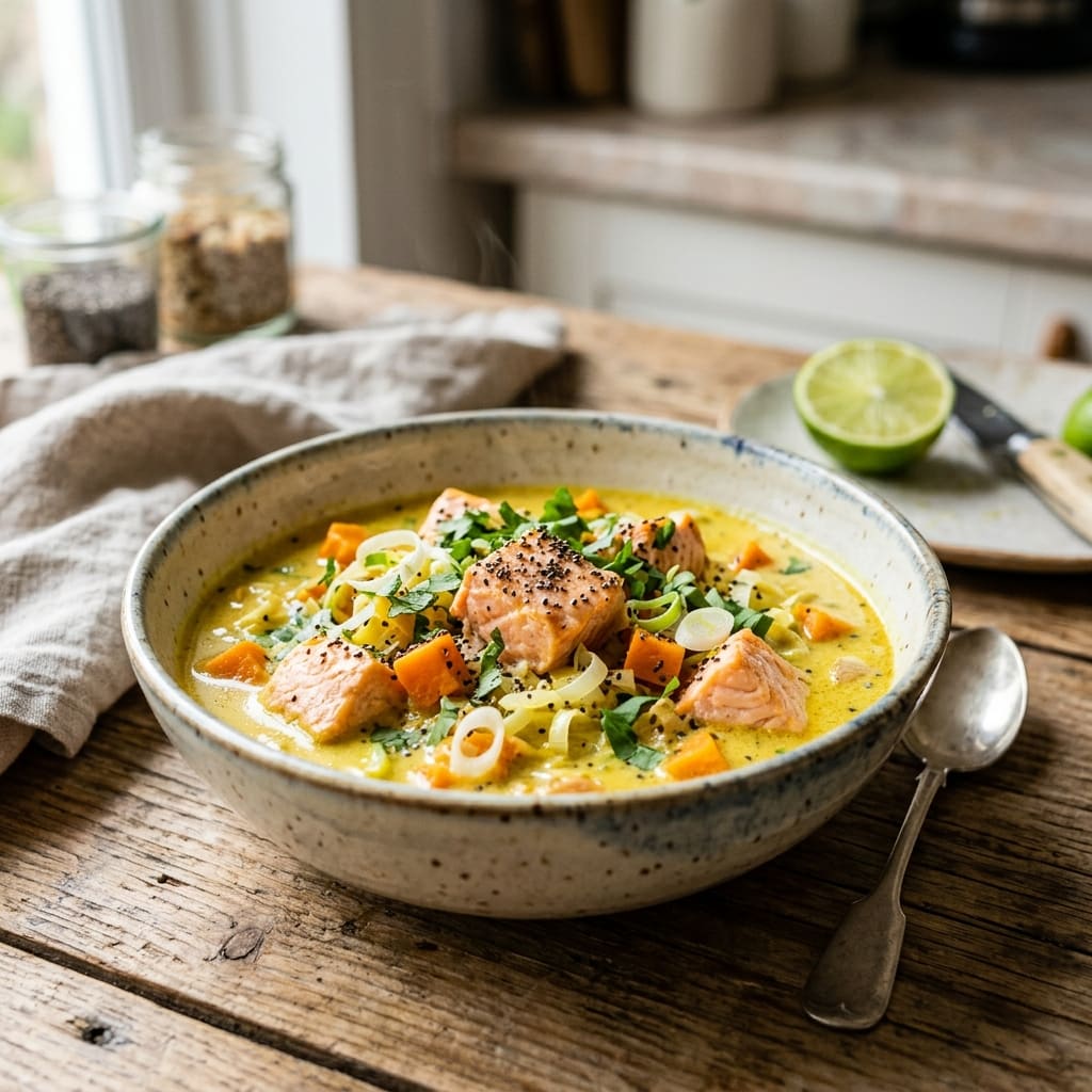Curry doux de saumon et poireaux aux dés de patate douce et cébette