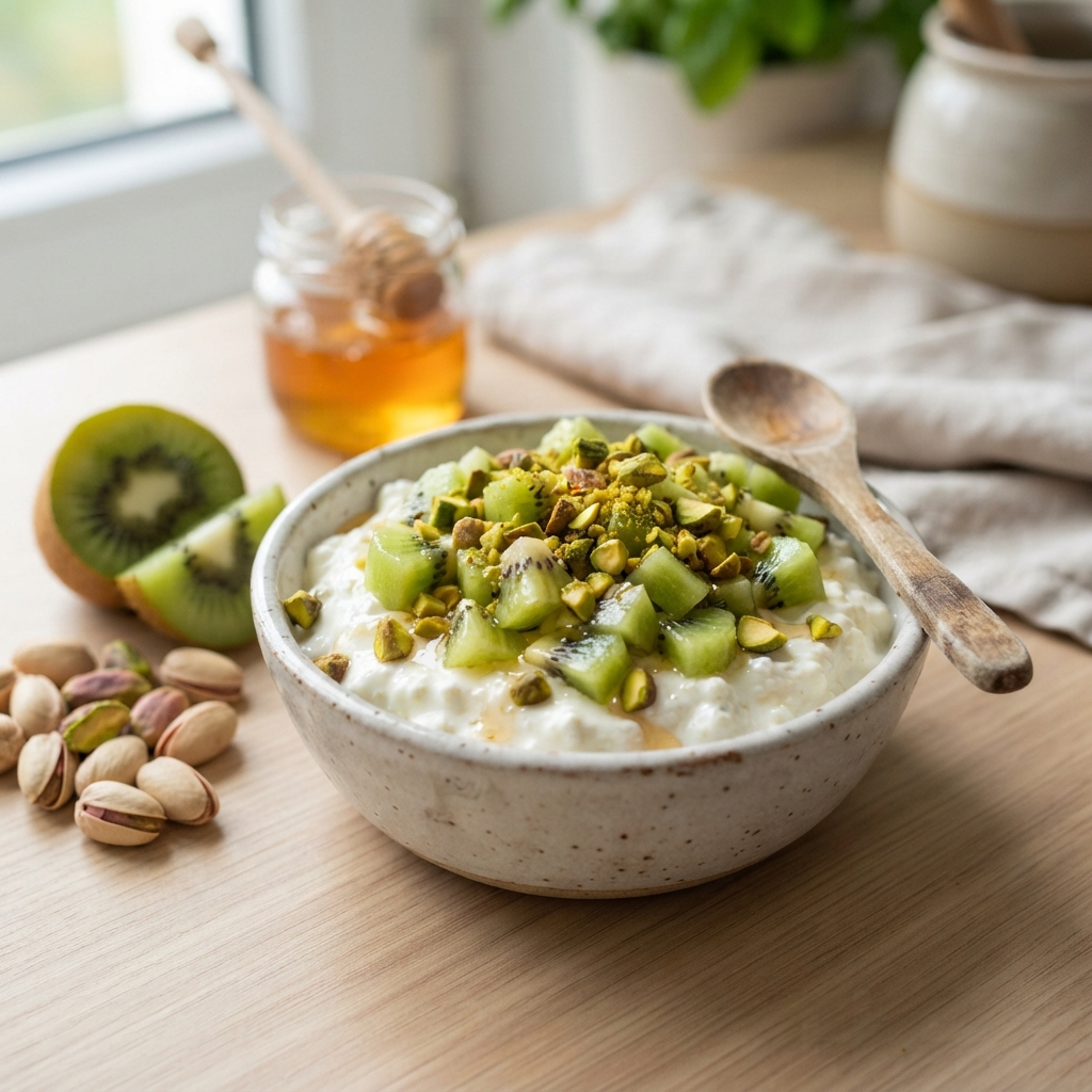 Dessert de cottage avec kiwis et pistaches