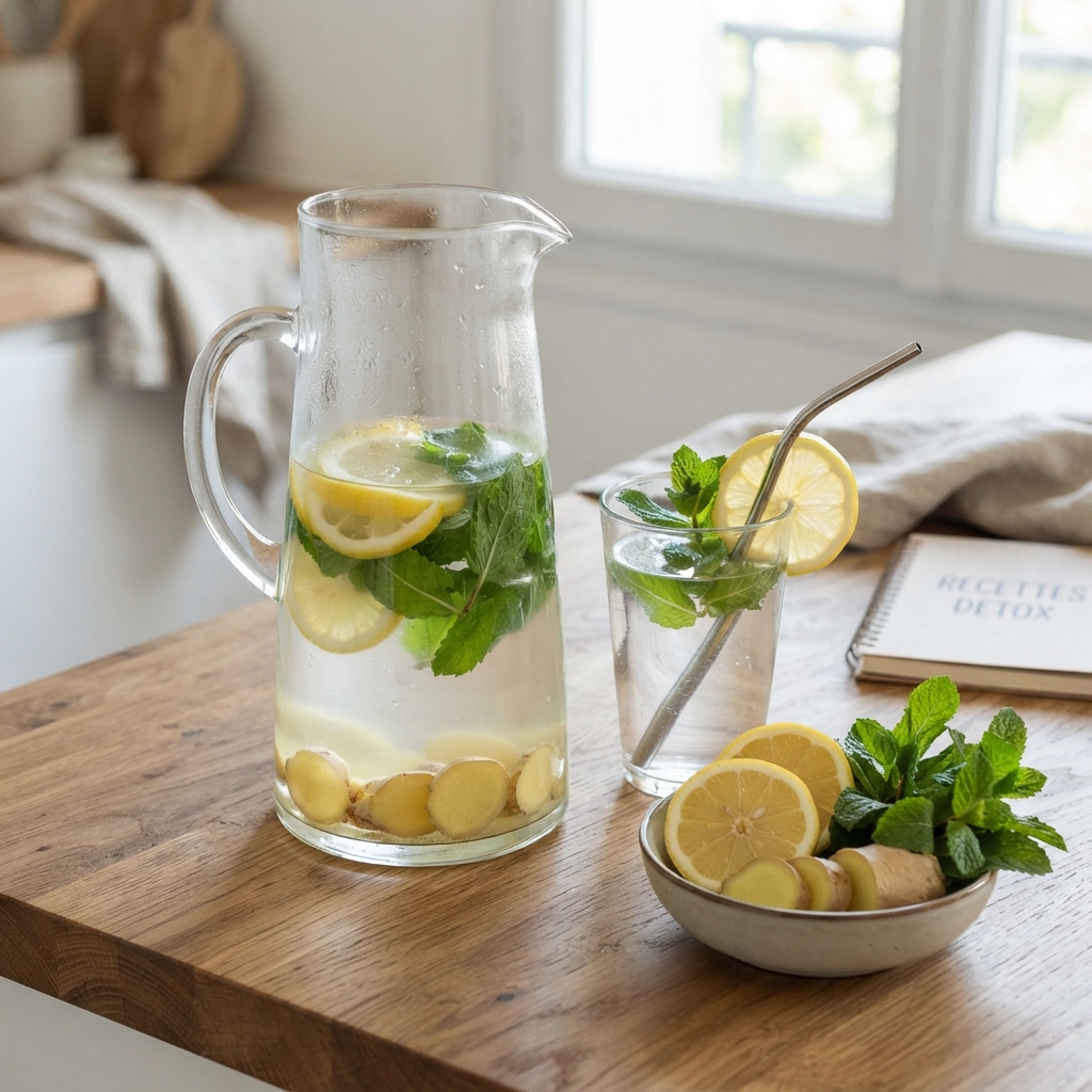 Eau détox citron, gingembre et menthe