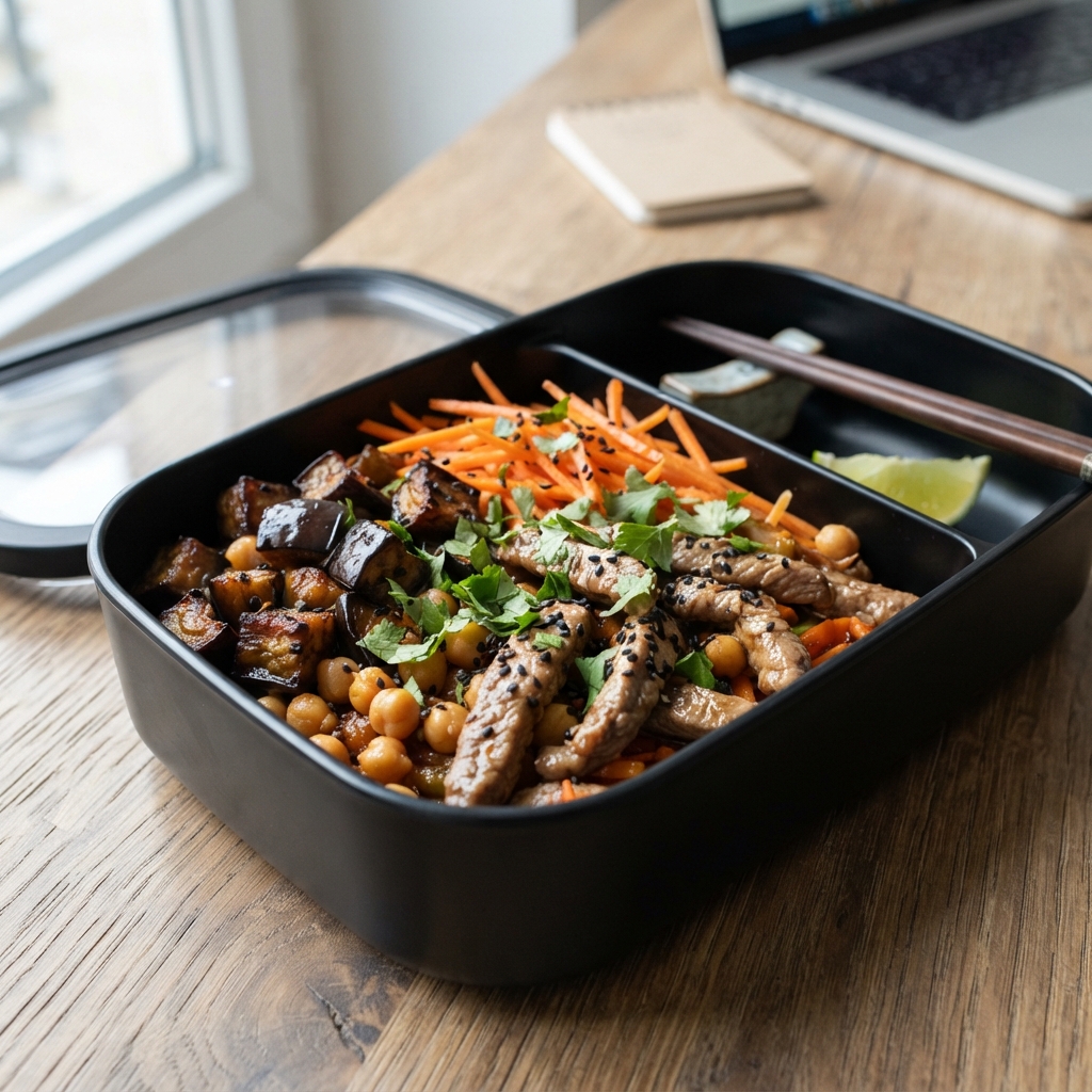 Effiloché de porc maigre aux aubergines fondantes et sésame noir