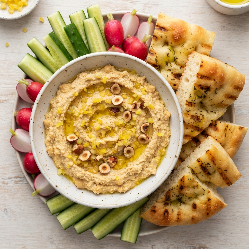 Houmous de pois chiches au cumin, brunoise de citron confit et éclats de noisettes torréfiées