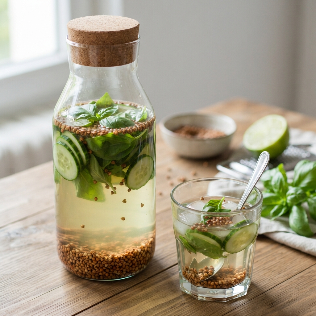 Infusion froide de concombre, citron vert, basilic et sarrasin torréfié