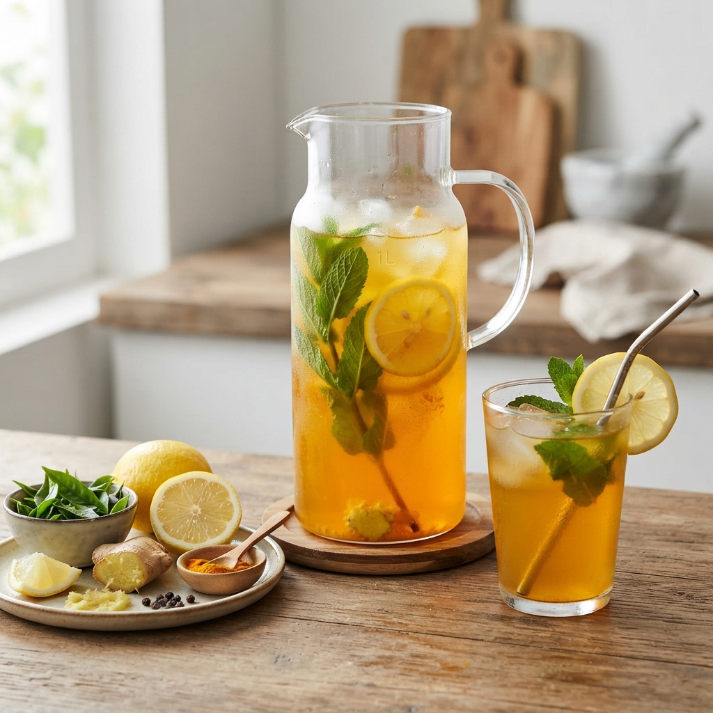 Infusion froide de thé vert, gingembre, citron et curcuma