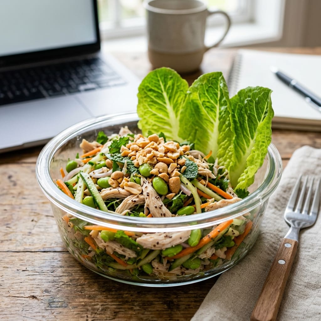 Larb de poulet au concombre croquant, carotte et herbes fraîches
