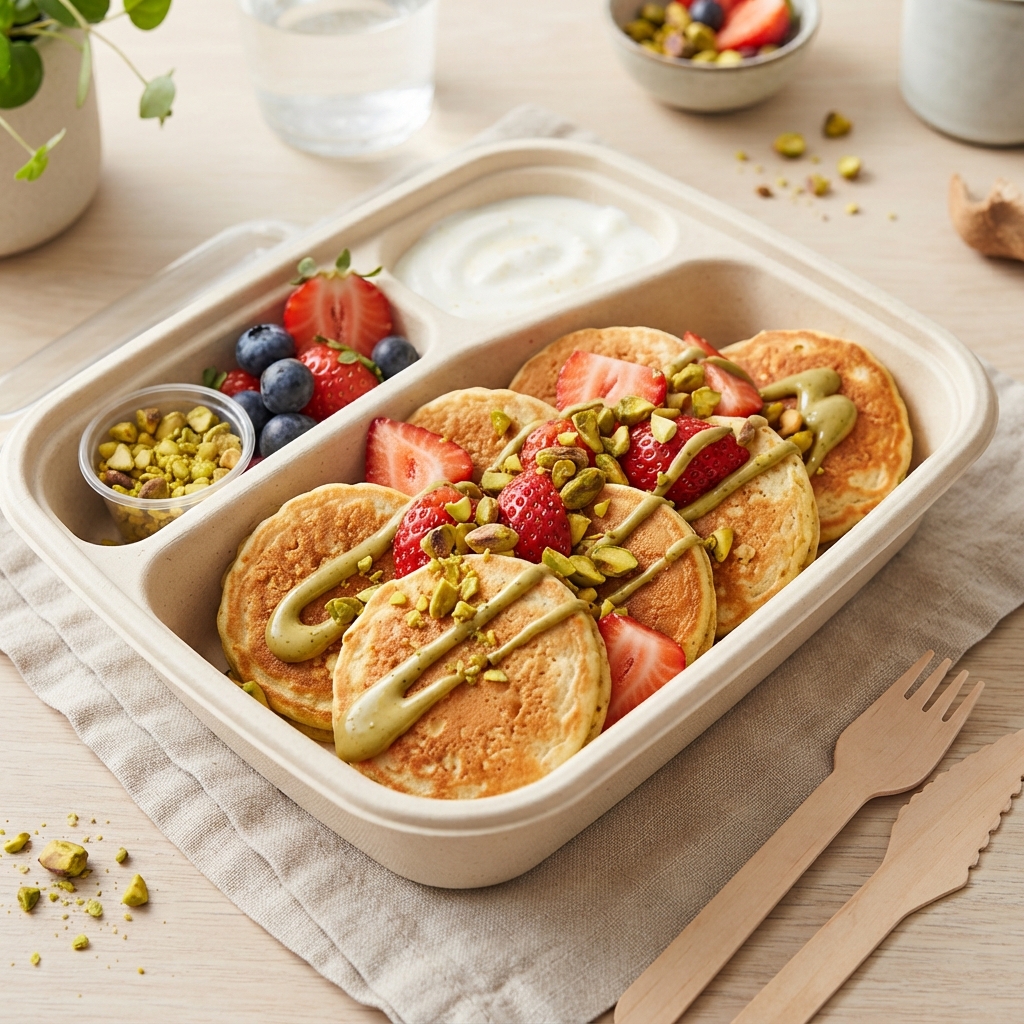 Mini pancakes protéinés fraise-pistache