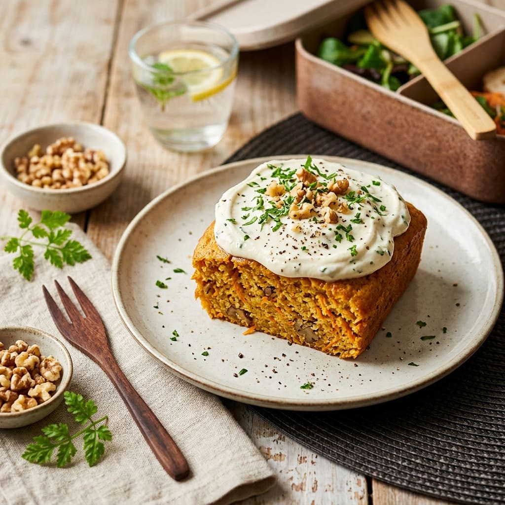 Moelleux salé à la carotte et aux noix, glaçage frais au chèvre et aux herbes
