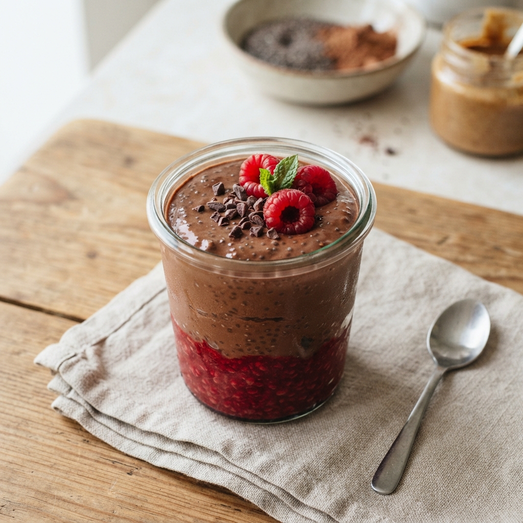 Mousse au chocolat au chia avec sauce framboise