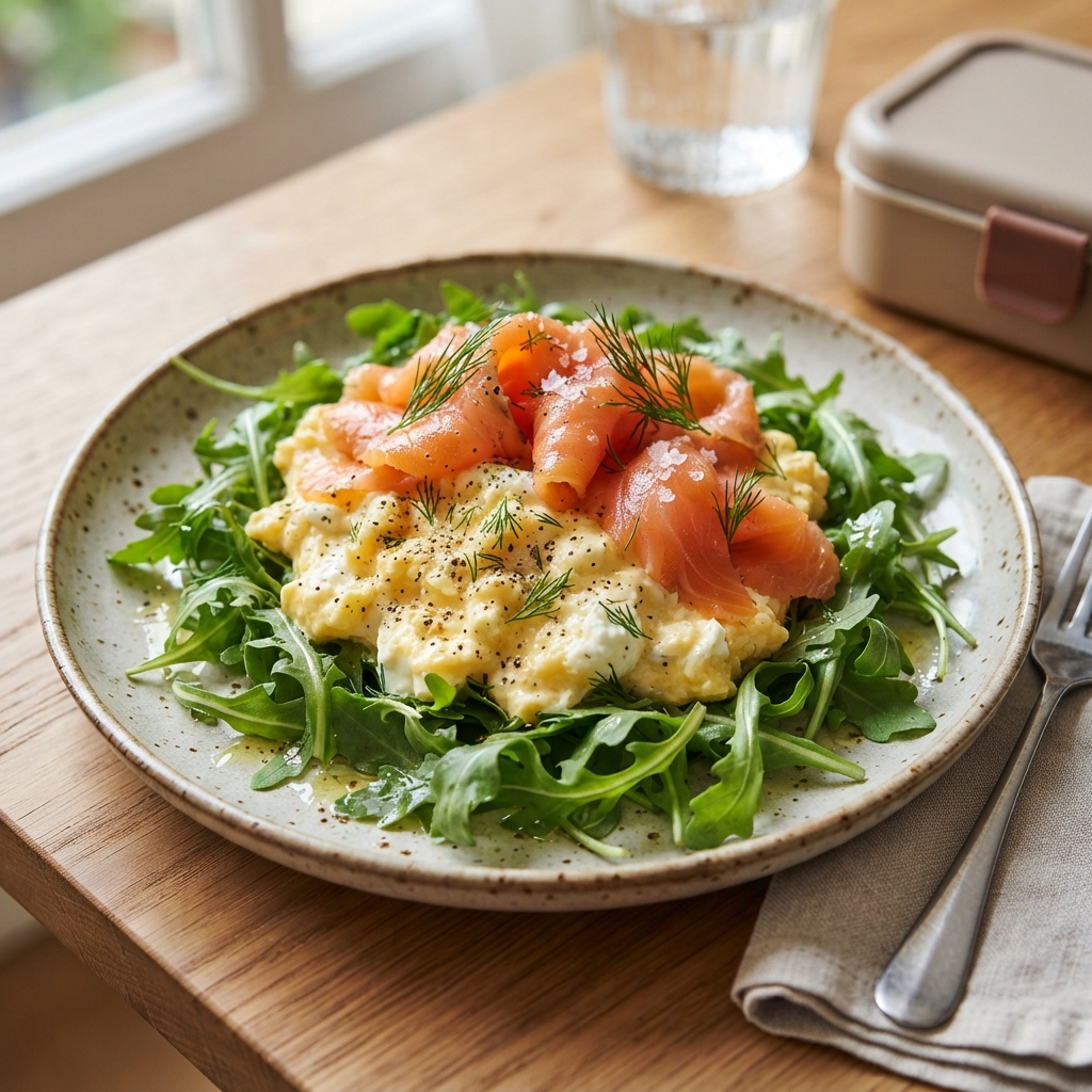Œufs Brouillés au Saumon Fumé et Pointes de Roquette Croquante