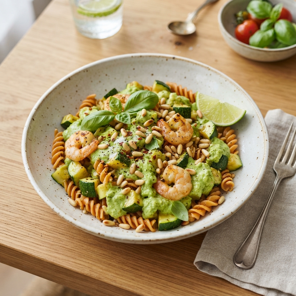 Pâtes de lentilles corail aux crevettes et pesto léger basilic-avocat