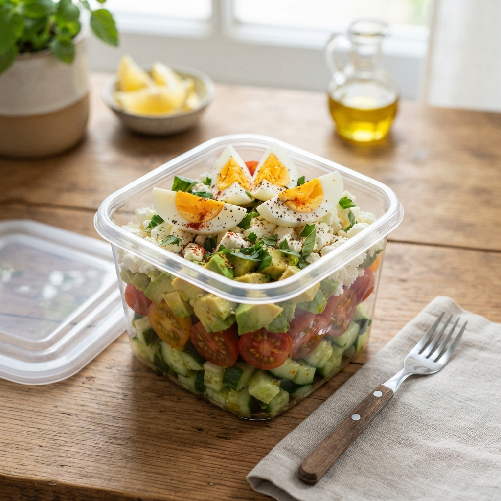 Petit-déjeuner méditerranéen en bocal à l'œuf et à l'avocat