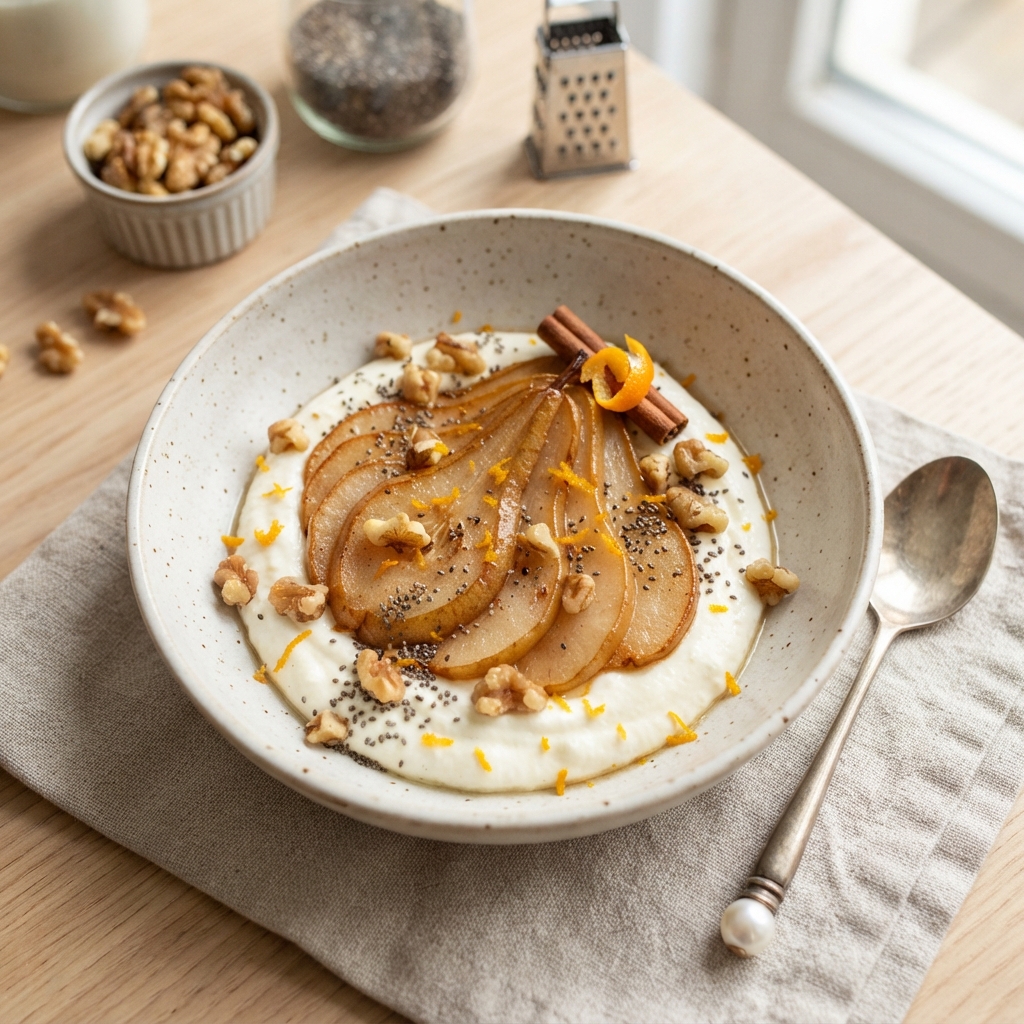 Poire rôtie express, ricotta & noix