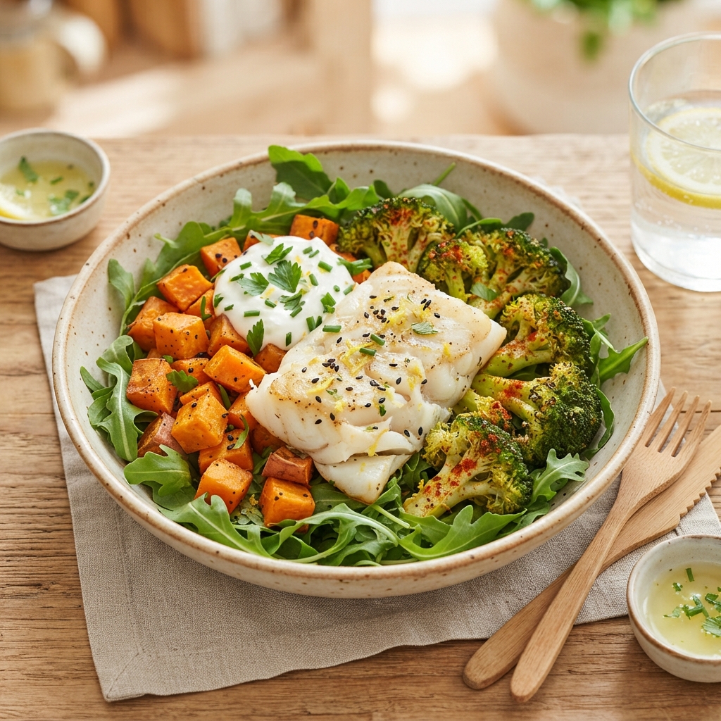 POKÉ BOWL CABILLAUD, PATATE DOUCE RÔTIE ET BROCOLI