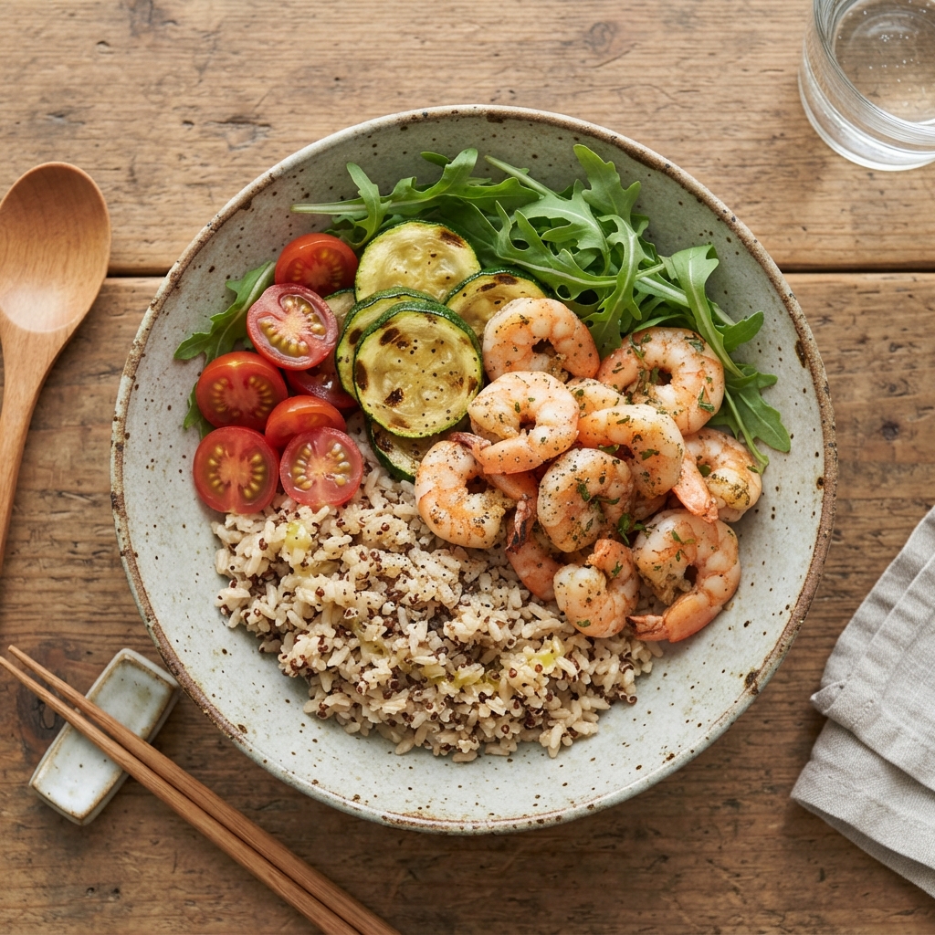 POKÉ BOWL CREVETTES, COURGETTES GRILLÉES ET TOMATES CERISES