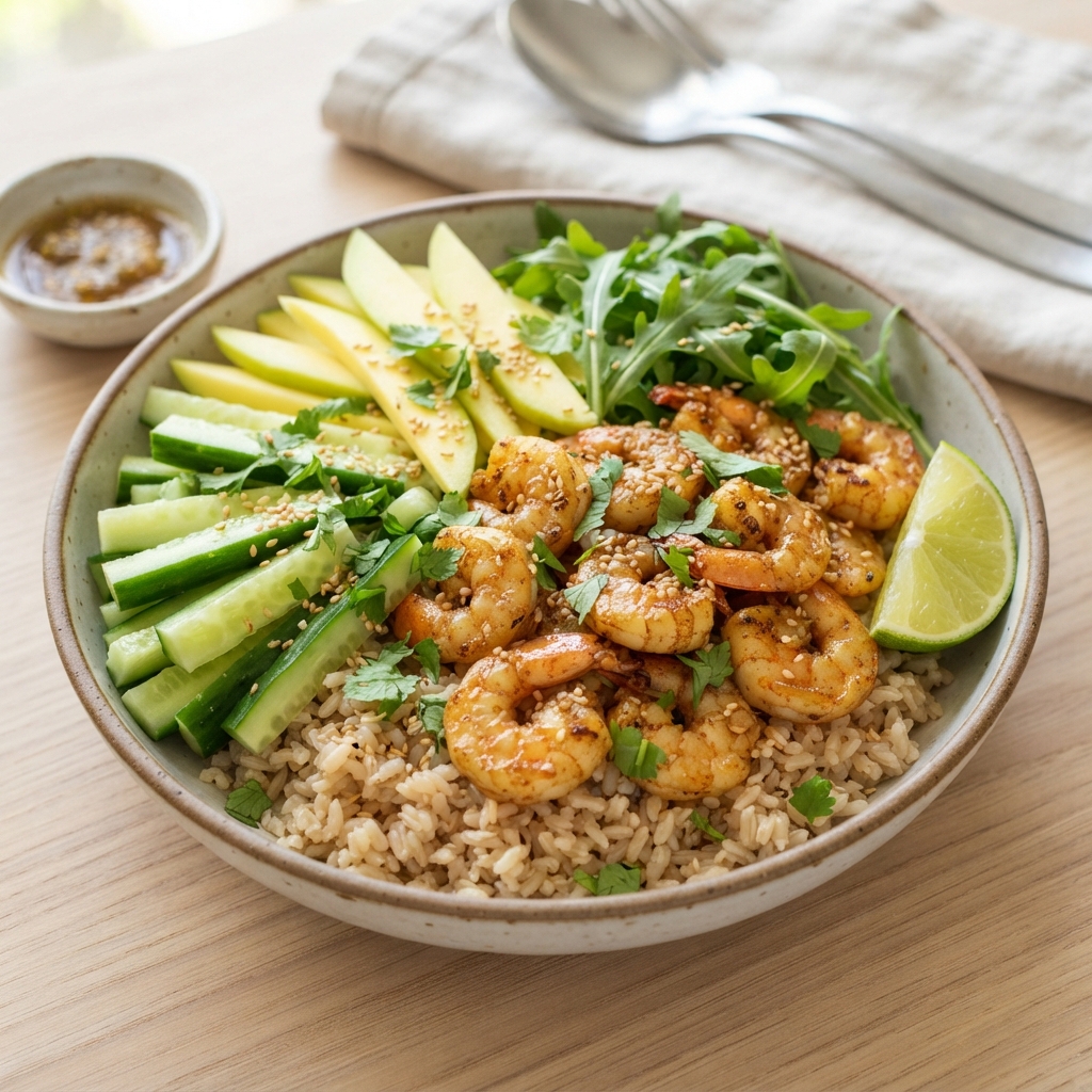 POKÉ BOWL CREVETTES GRILLÉES, MANGUE ET CONCOMBRE