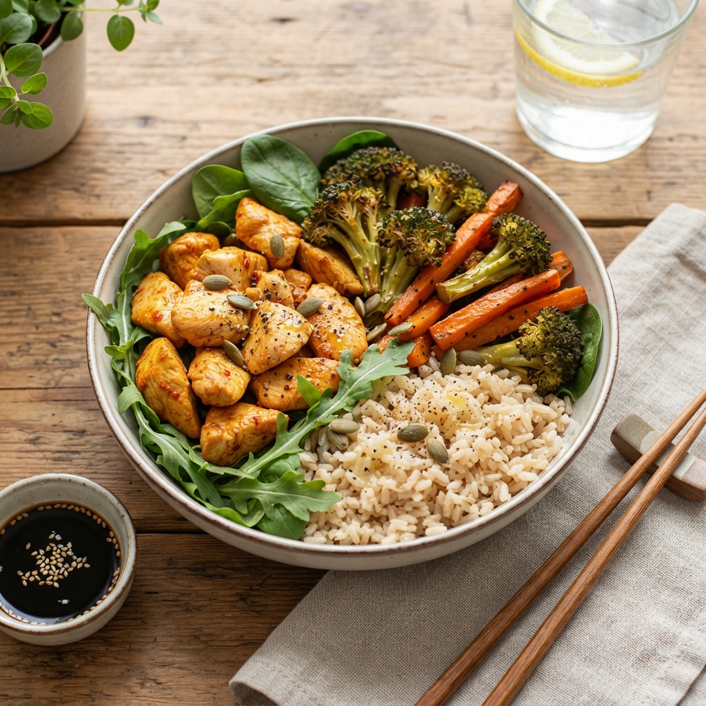 POKÉ BOWL POULET, BROCOLI ET CAROTTE RÔTIE