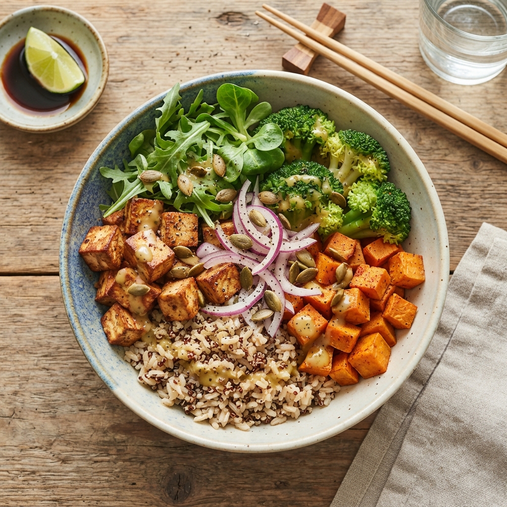 Poké Bowl Tofu Fumé, Patate Douce Rôtie et Brocoli