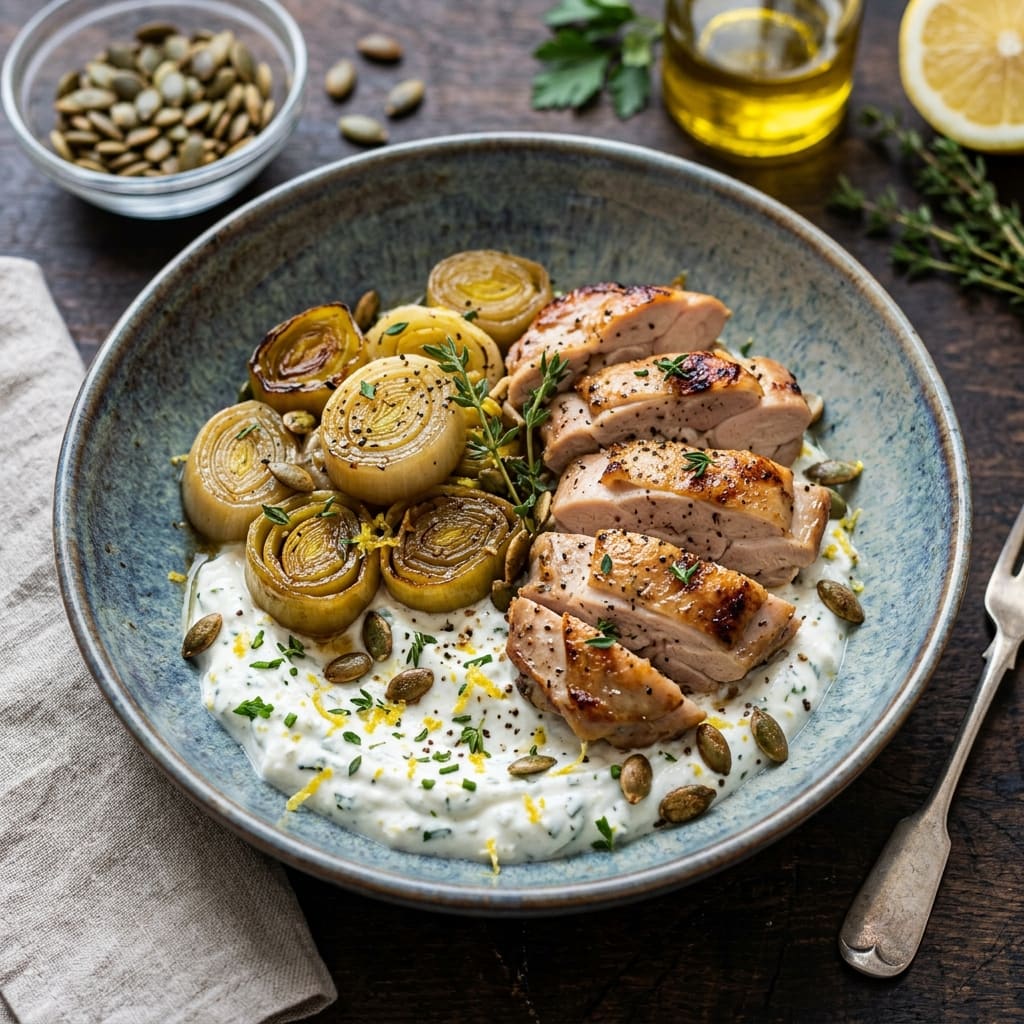 Poireaux fondants au thym et zeste de citron, poulet braisé et crème légère de ricotta aux herbes