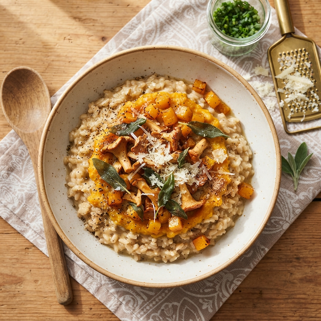 Risotto d'Épeautre Vert et Courge Rôtie aux Chanterelles et Sauge