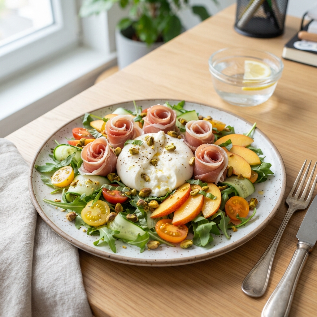 Salade Burrata, Pêche & Roses de Prosciutto