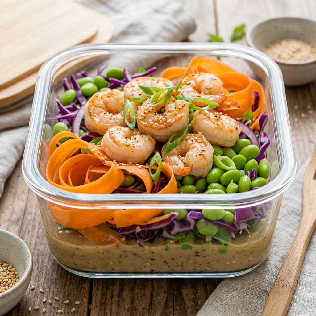Salade ultra-croquante de carottes et edamames aux crevettes poêlées, vinaigrette sésame-gingembre