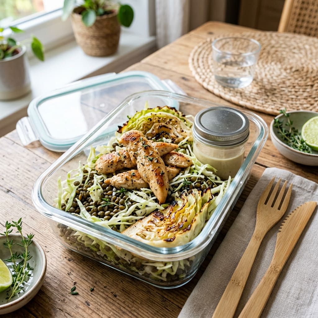 Salade croquante de chou pointu cru & rôti, poulet au thym, émulsion sésame-agrumes