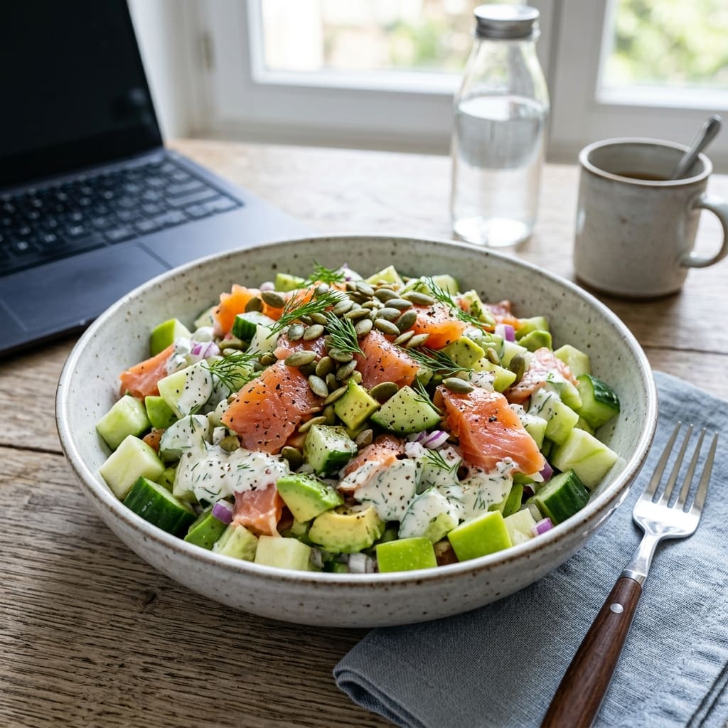 Salade croquante de concombre, pomme verte et truite fumée à l'aneth