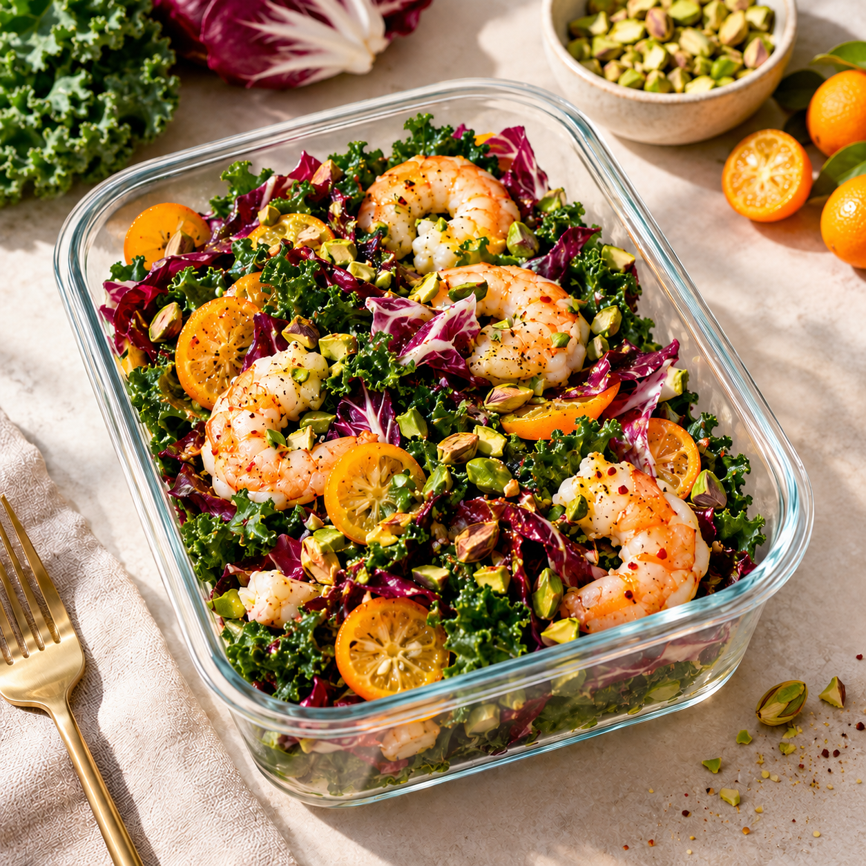 Salade croquante de kale massé, radicchio, crevettes nacrées, kumquat et éclats de pistaches