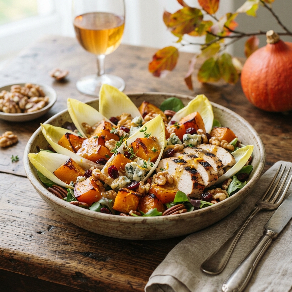 Salade d'automne au potimarron rôti, endives croquantes, poulet grillé et notes de bleu, vinaigrette noix-orange