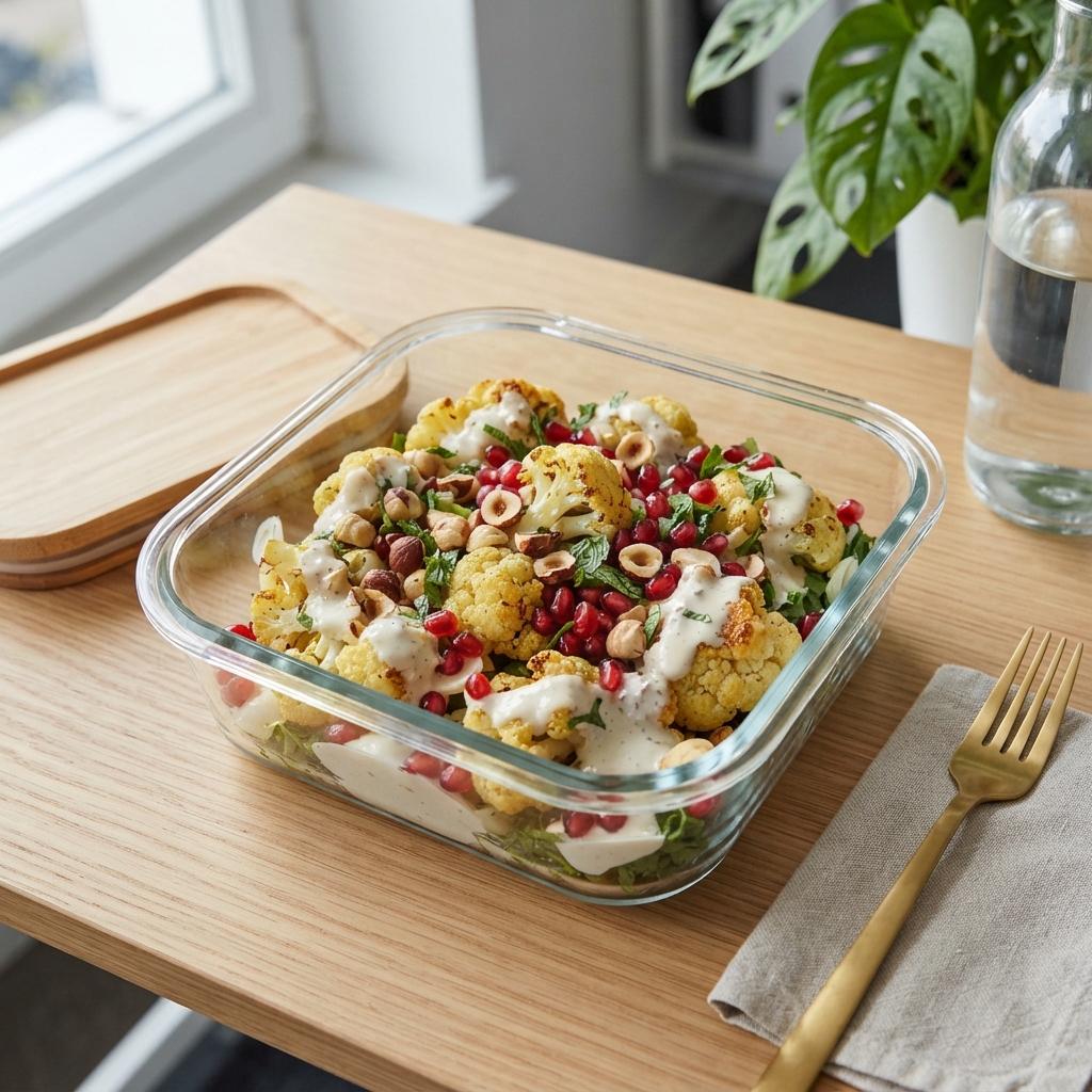 Salade de Chou-fleur rôti au cumin doux, Émulsion de Yaourt au Tahini, Grenade et Noisettes