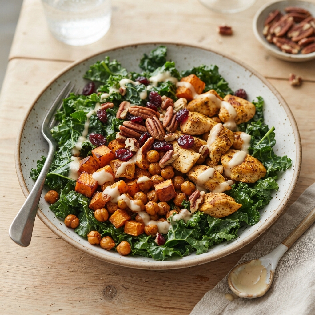 Salade de chou kale, patates douces, pois chiches et poulet rôti