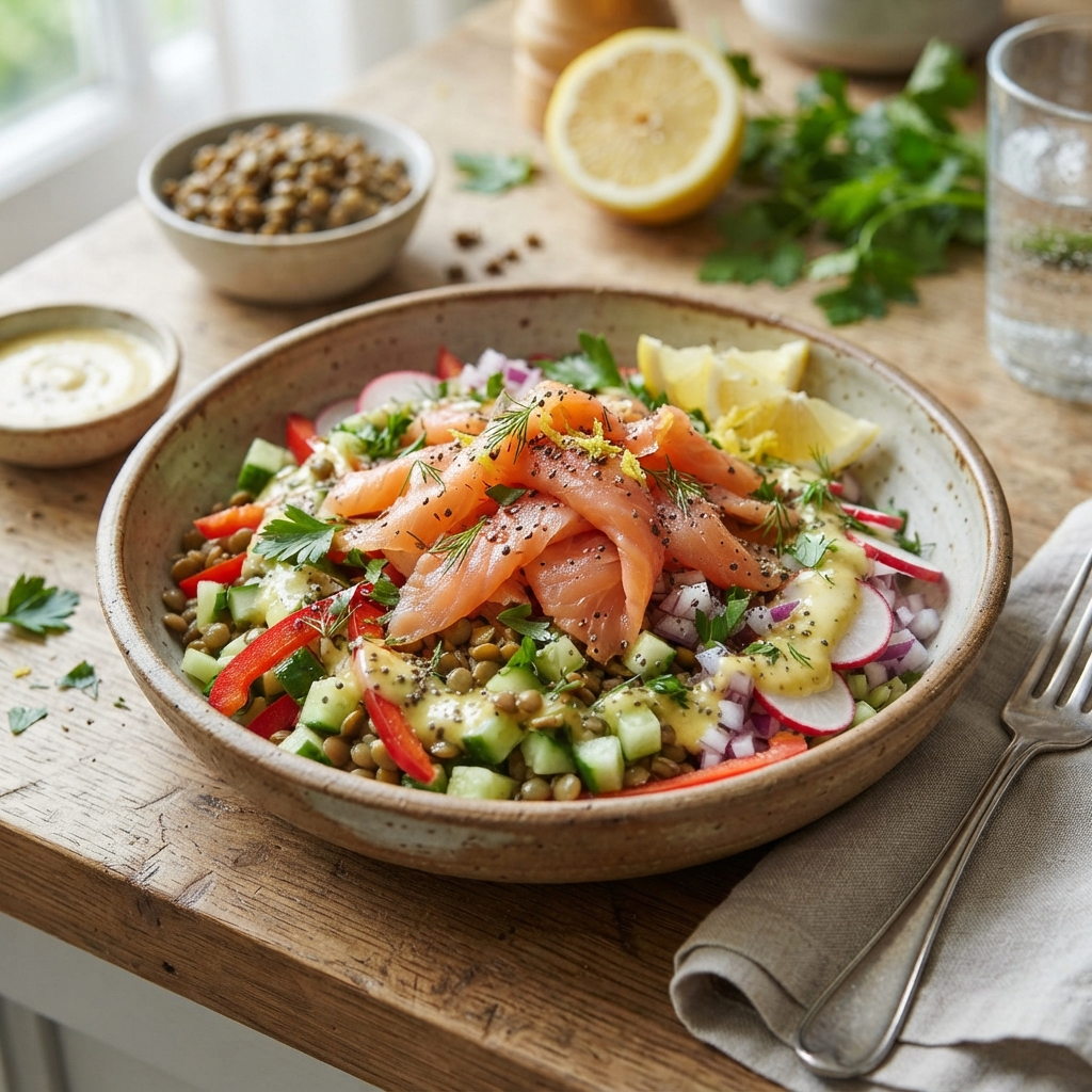 Salade de lentilles vertes, saumon fumé & vinaigrette moutarde citronnée