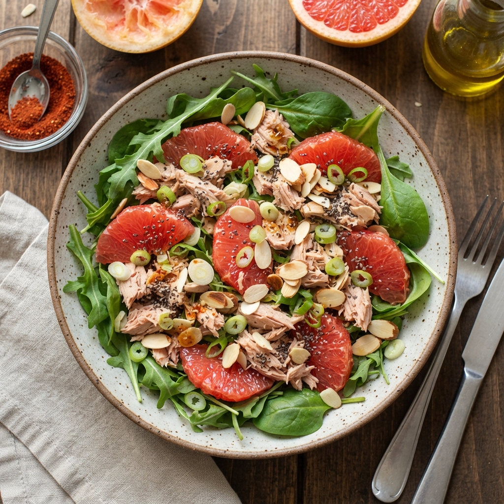 Salade de pamplemousse et thon, sauce au piment d'Espelette, miel et huile d'olive