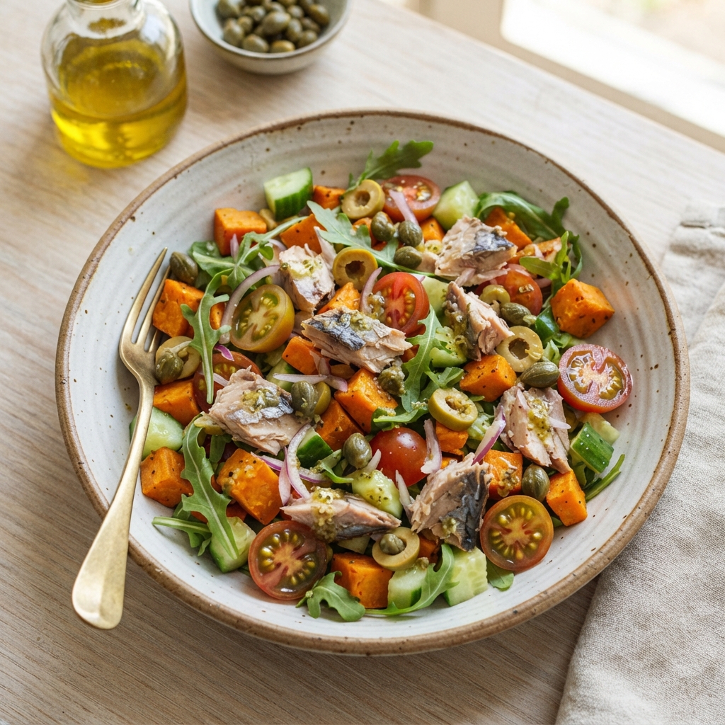 Salade de Patate douce, maquereau & tomates